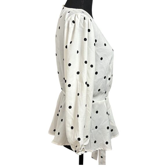 MERAKI Peplum Faux Wrap Blouse Long Sleeves White With Black Dots - Picture 3 of 11